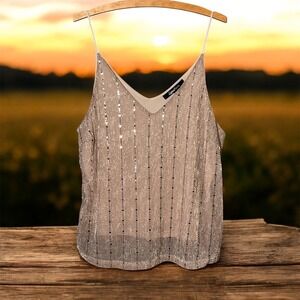 Sweet Rain Camisole Tank Top Womens Sz XL Beige Lined Sequined Sparkle Holiday